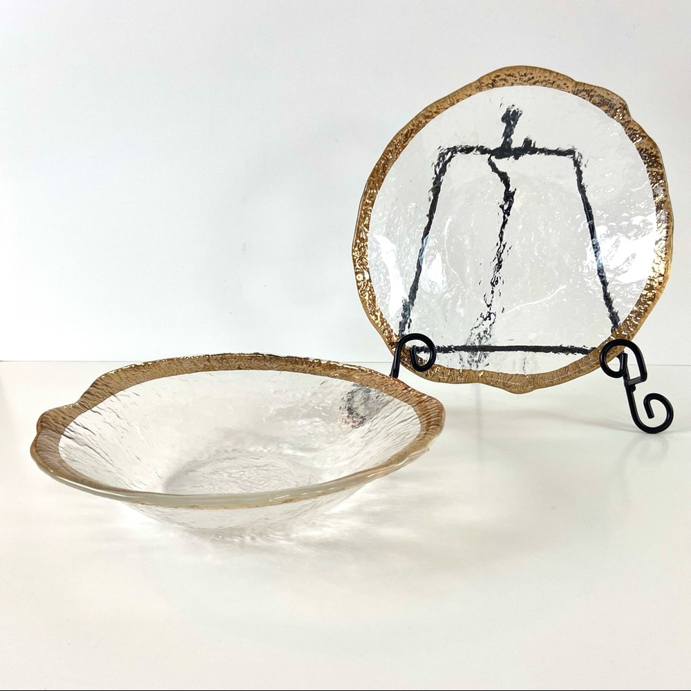 2-VTG IVV “Glacier” Italian Textured Art Glass 10k Gold Trimmed Bowls